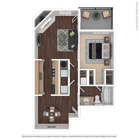 Floor plan for 1 bed, 1 bath, 722 sqft